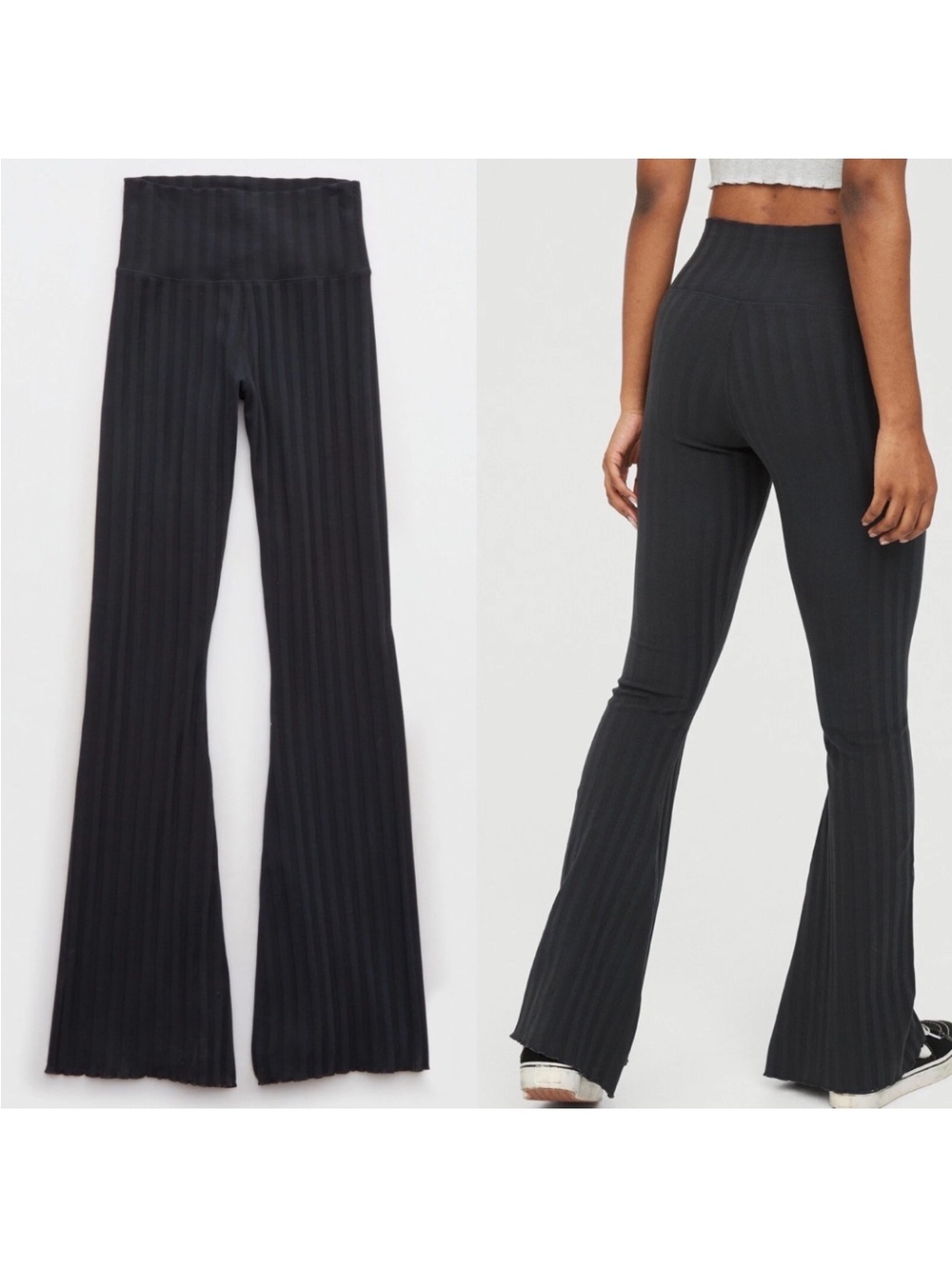 Aerie Offline Groove Flare Dark Gray Striped High Rise Yoga Activewear Leggings